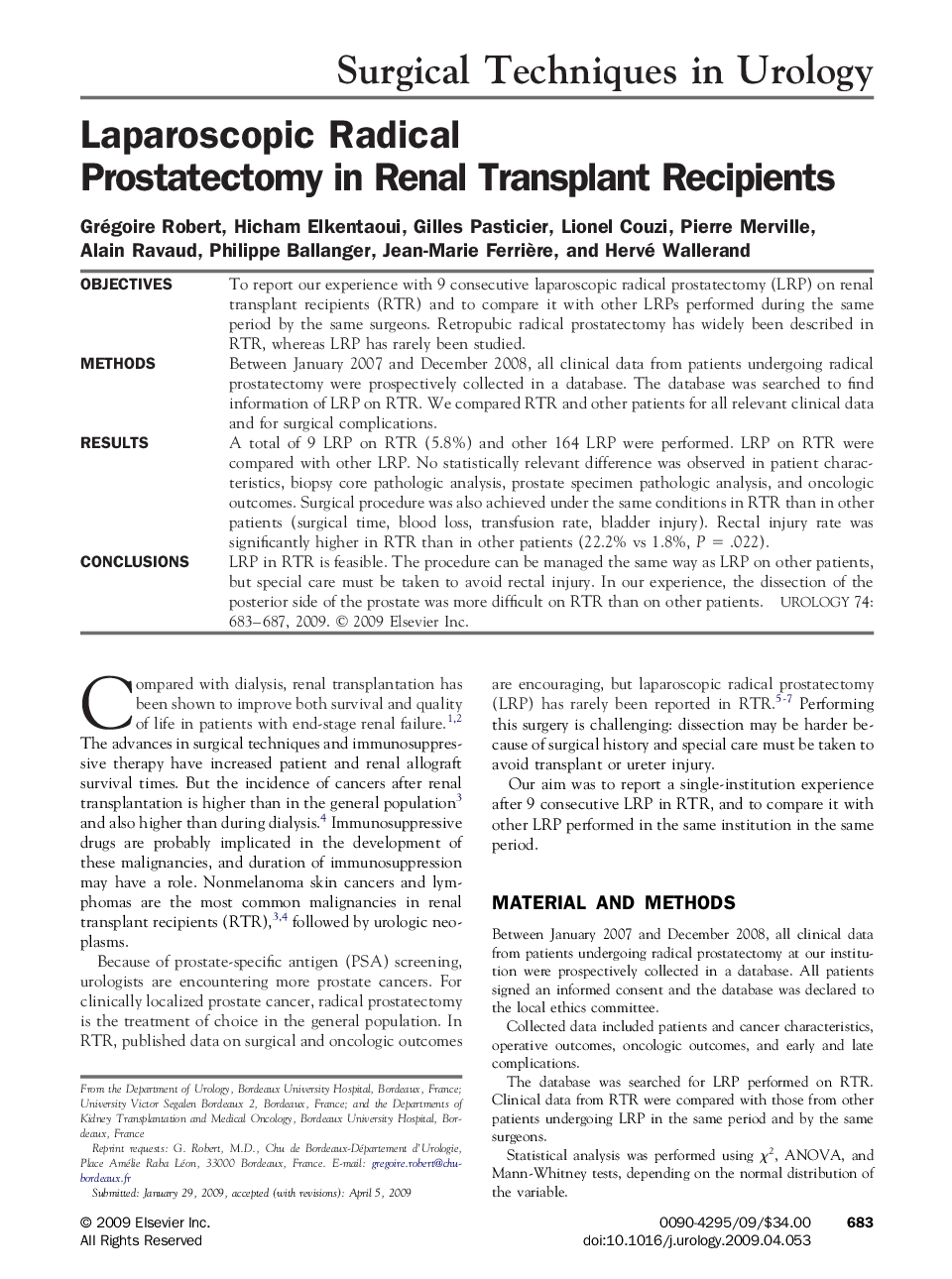 Laparoscopic Radical Prostatectomy in Renal Transplant Recipients