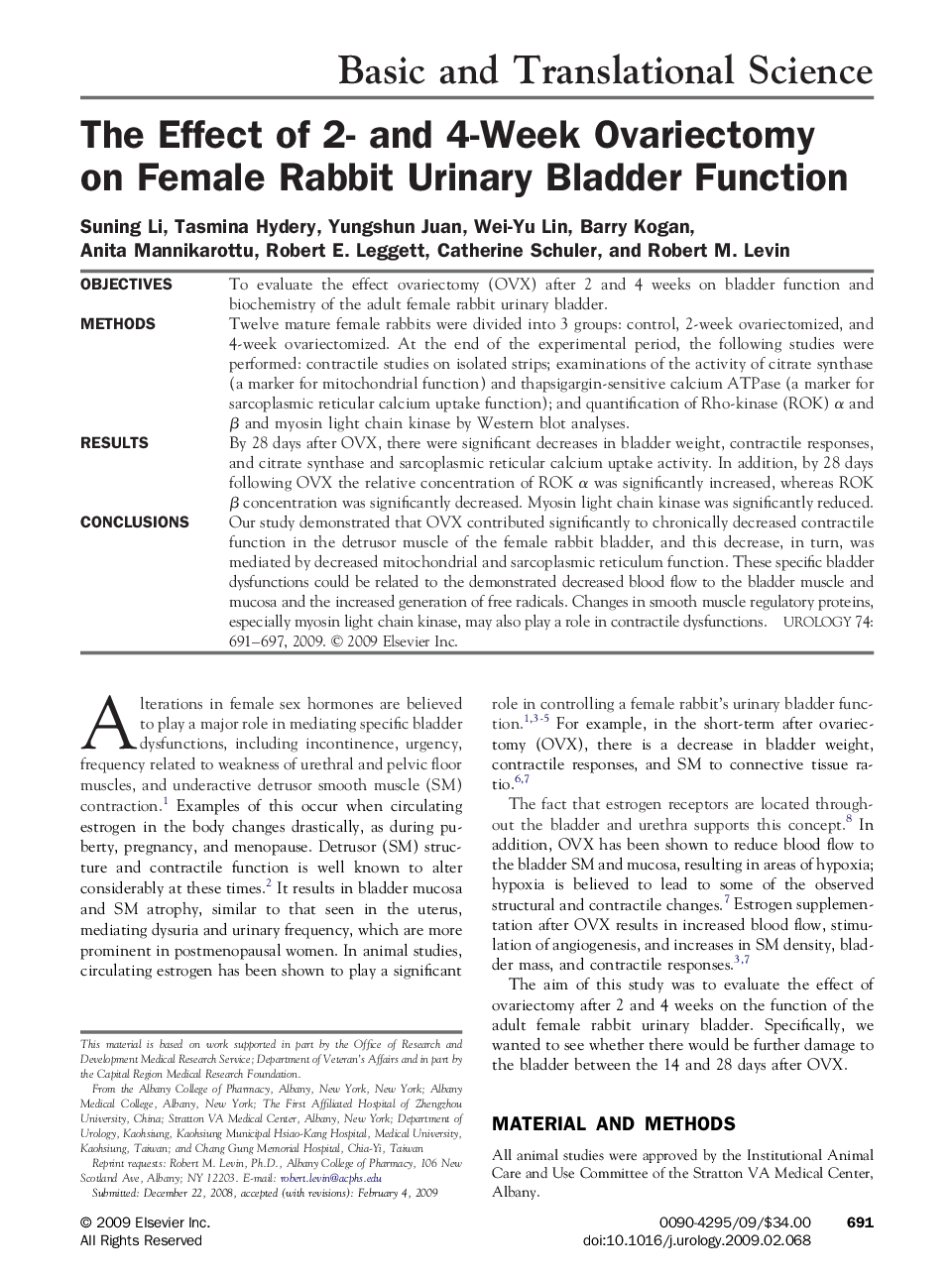 The Effect of 2- and 4-Week Ovariectomy on Female Rabbit Urinary Bladder Function 