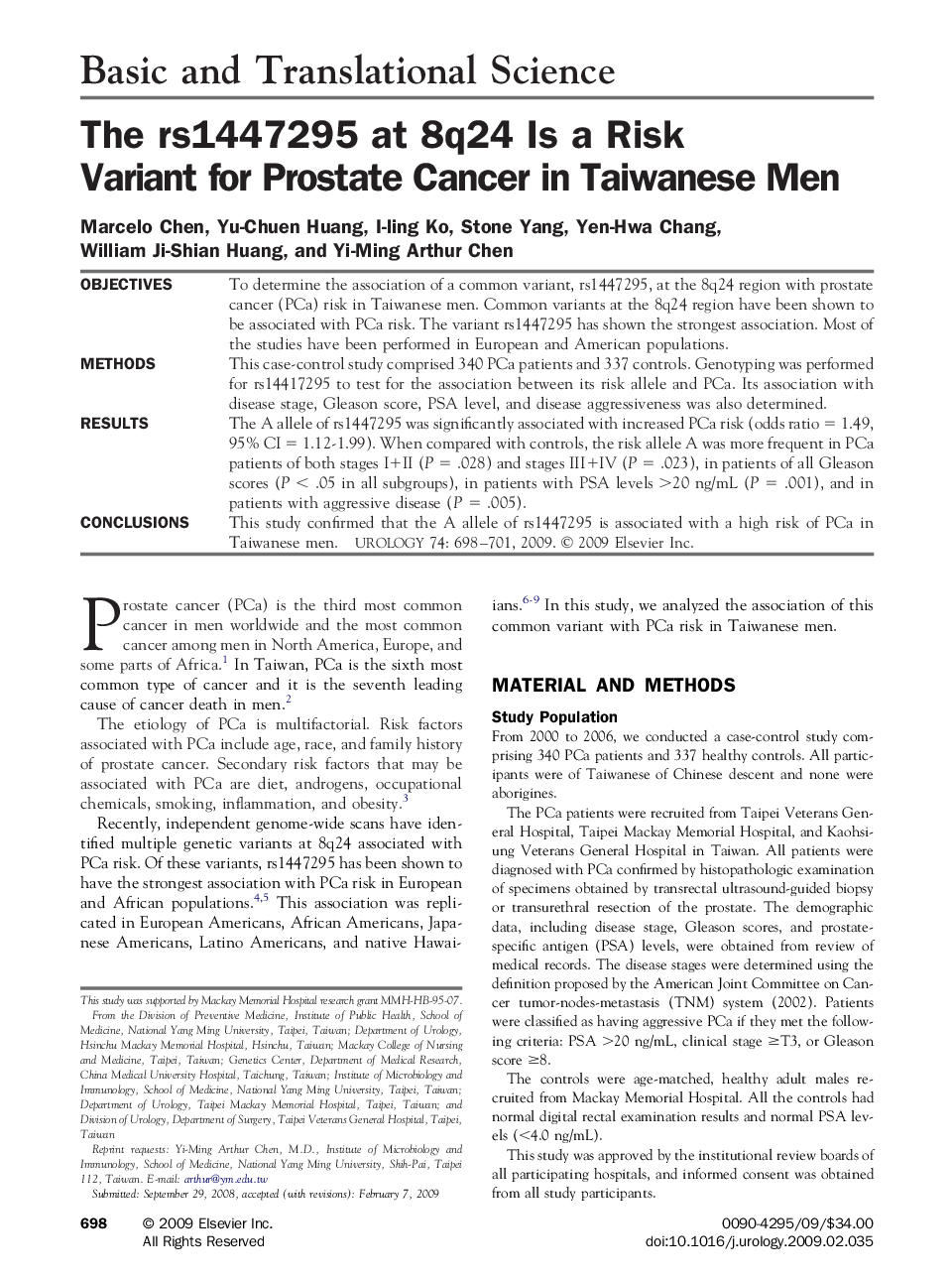 The rs1447295 at 8q24 Is a Risk Variant for Prostate Cancer in Taiwanese Men
