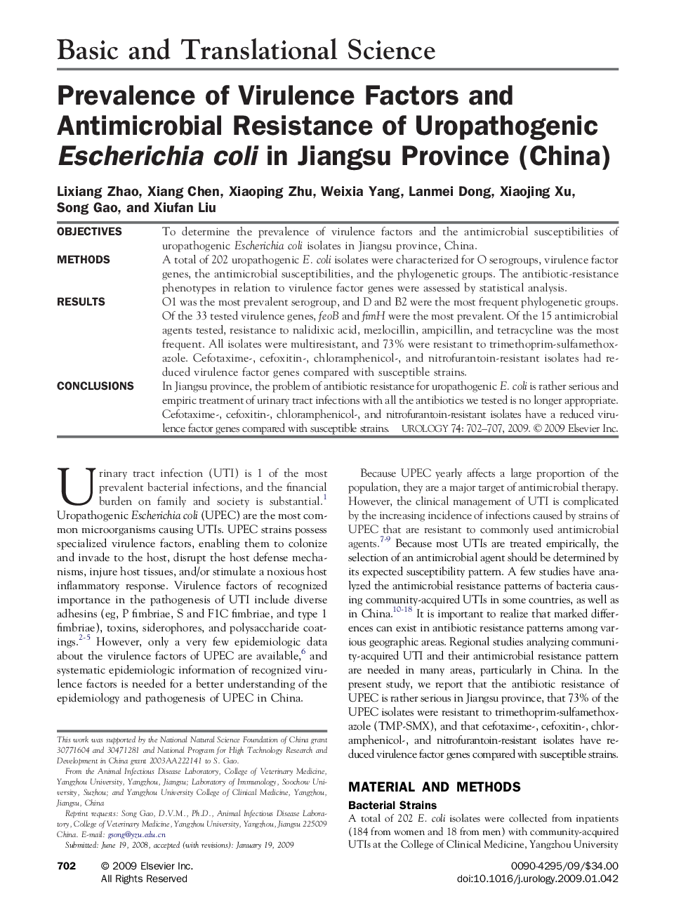 Prevalence of Virulence Factors and Antimicrobial Resistance of Uropathogenic Escherichia coli in Jiangsu Province (China) 