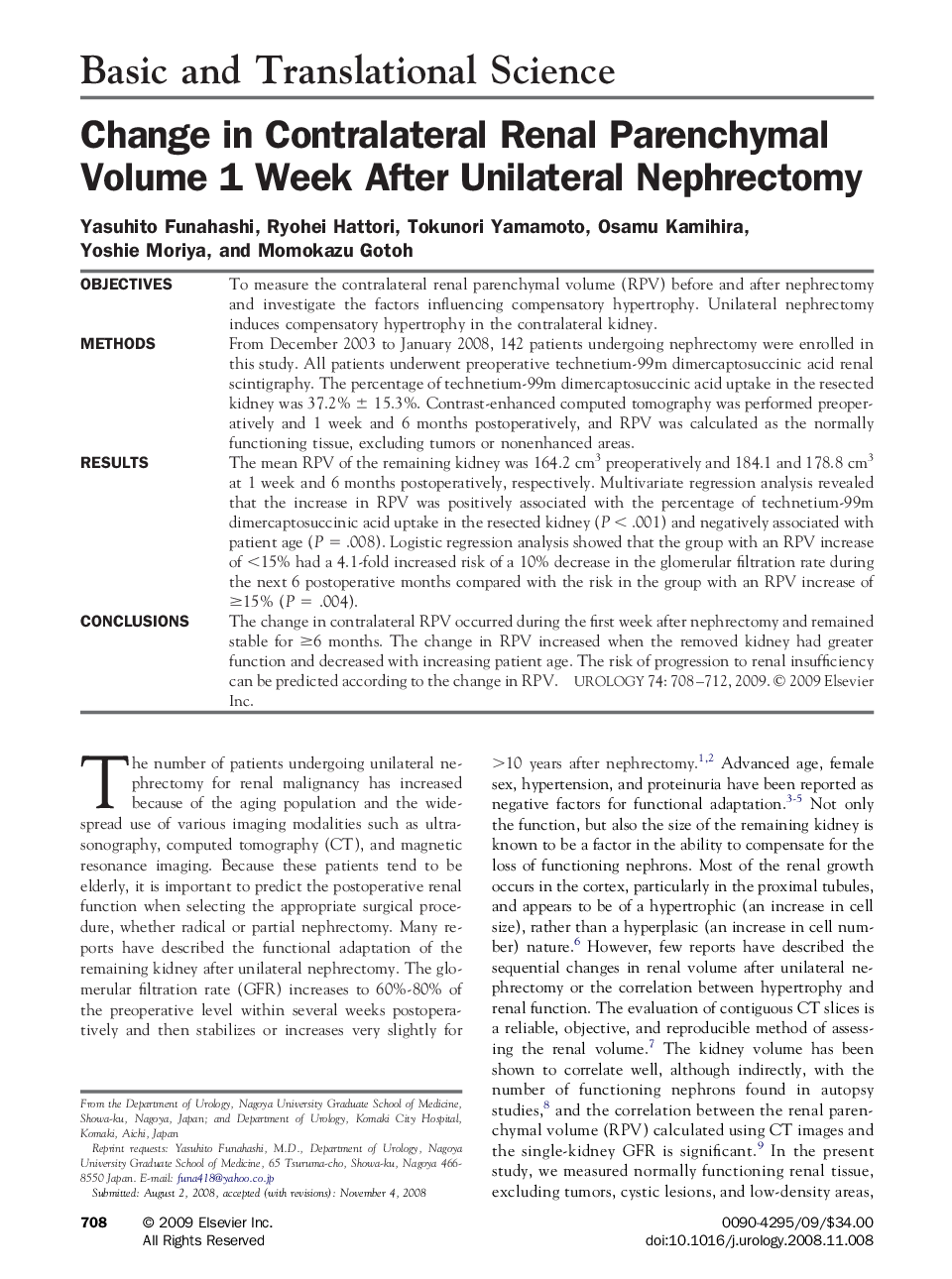 Change in Contralateral Renal Parenchymal Volume 1 Week After Unilateral Nephrectomy