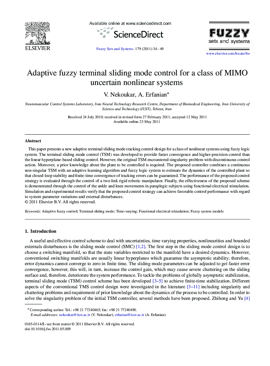 Adaptive fuzzy terminal sliding mode control for a class of MIMO uncertain nonlinear systems