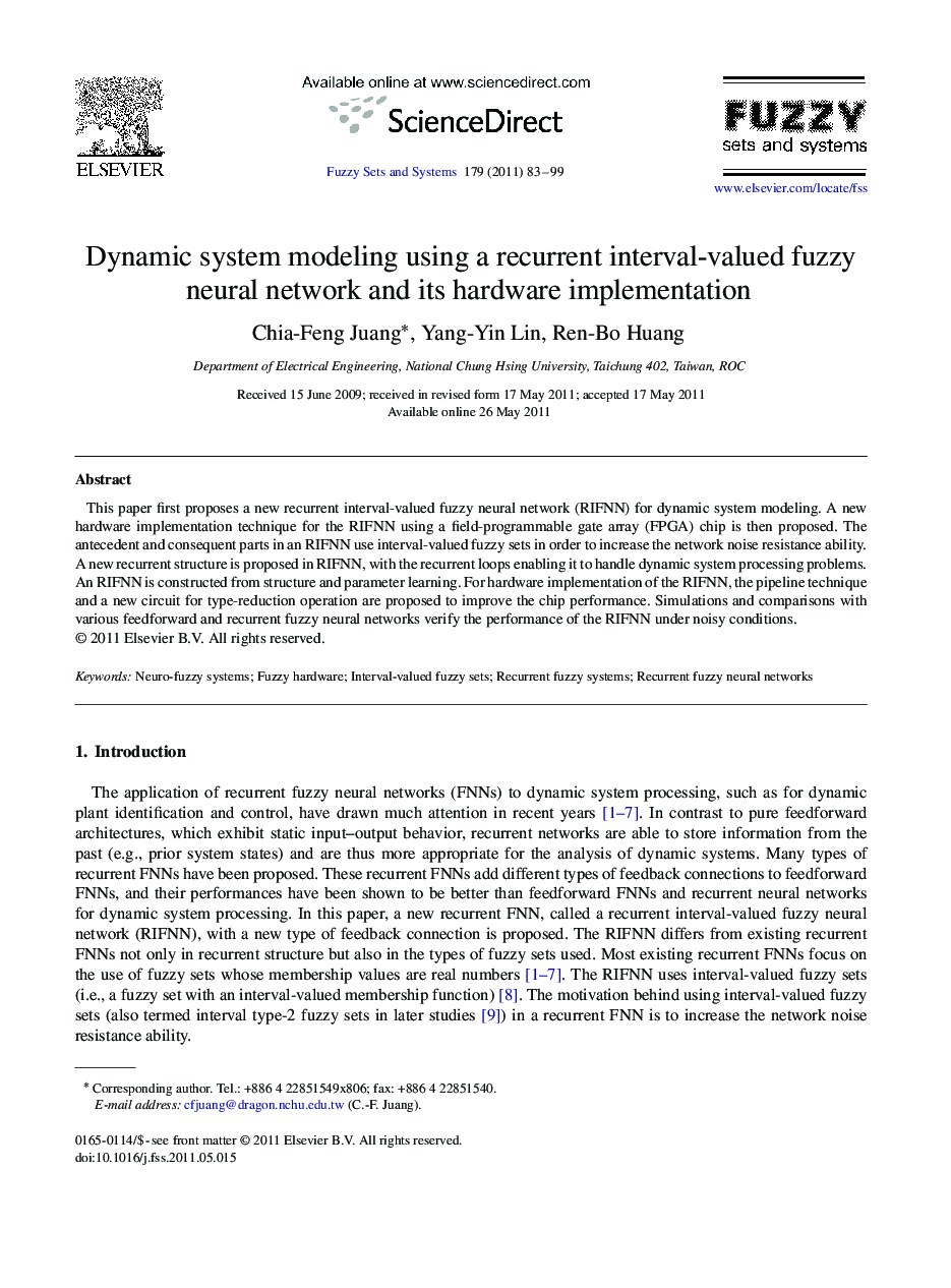 Dynamic system modeling using a recurrent interval-valued fuzzy neural network and its hardware implementation