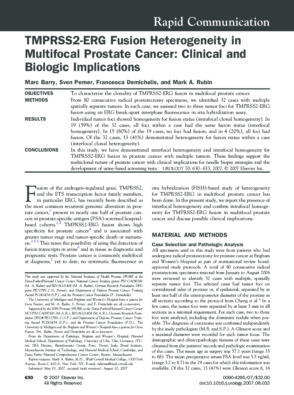 TMPRSS2-ERG Fusion Heterogeneity in Multifocal Prostate Cancer: Clinical and Biologic Implications 