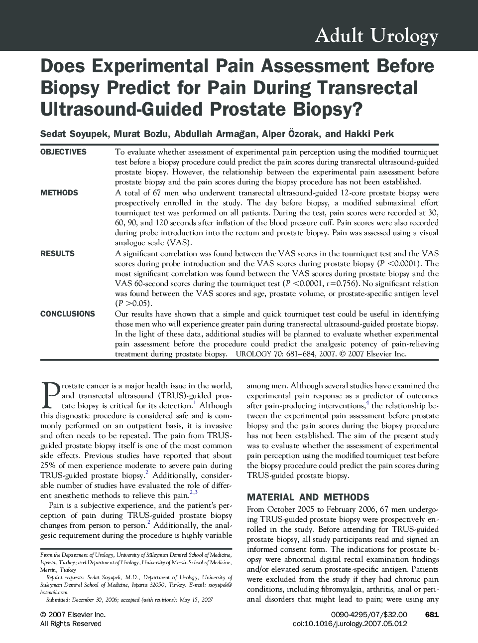 Does Experimental Pain Assessment Before Biopsy Predict for Pain During Transrectal Ultrasound-Guided Prostate Biopsy?