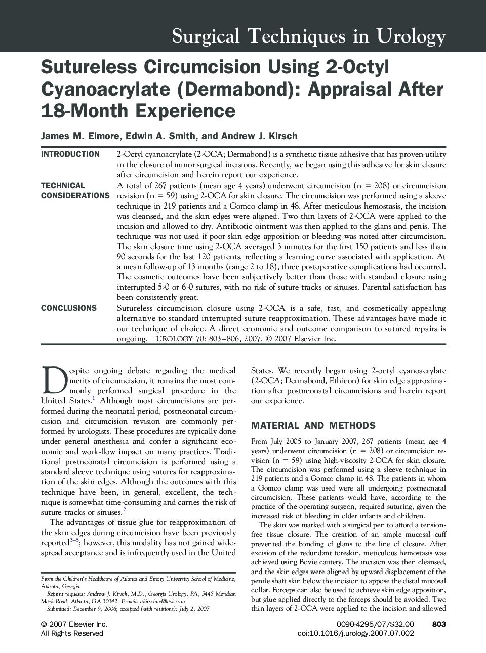 Sutureless Circumcision Using 2-Octyl Cyanoacrylate (Dermabond): Appraisal After 18-Month Experience