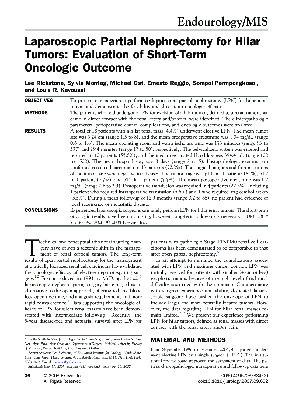 Laparoscopic Partial Nephrectomy for Hilar Tumors: Evaluation of Short-Term Oncologic Outcome