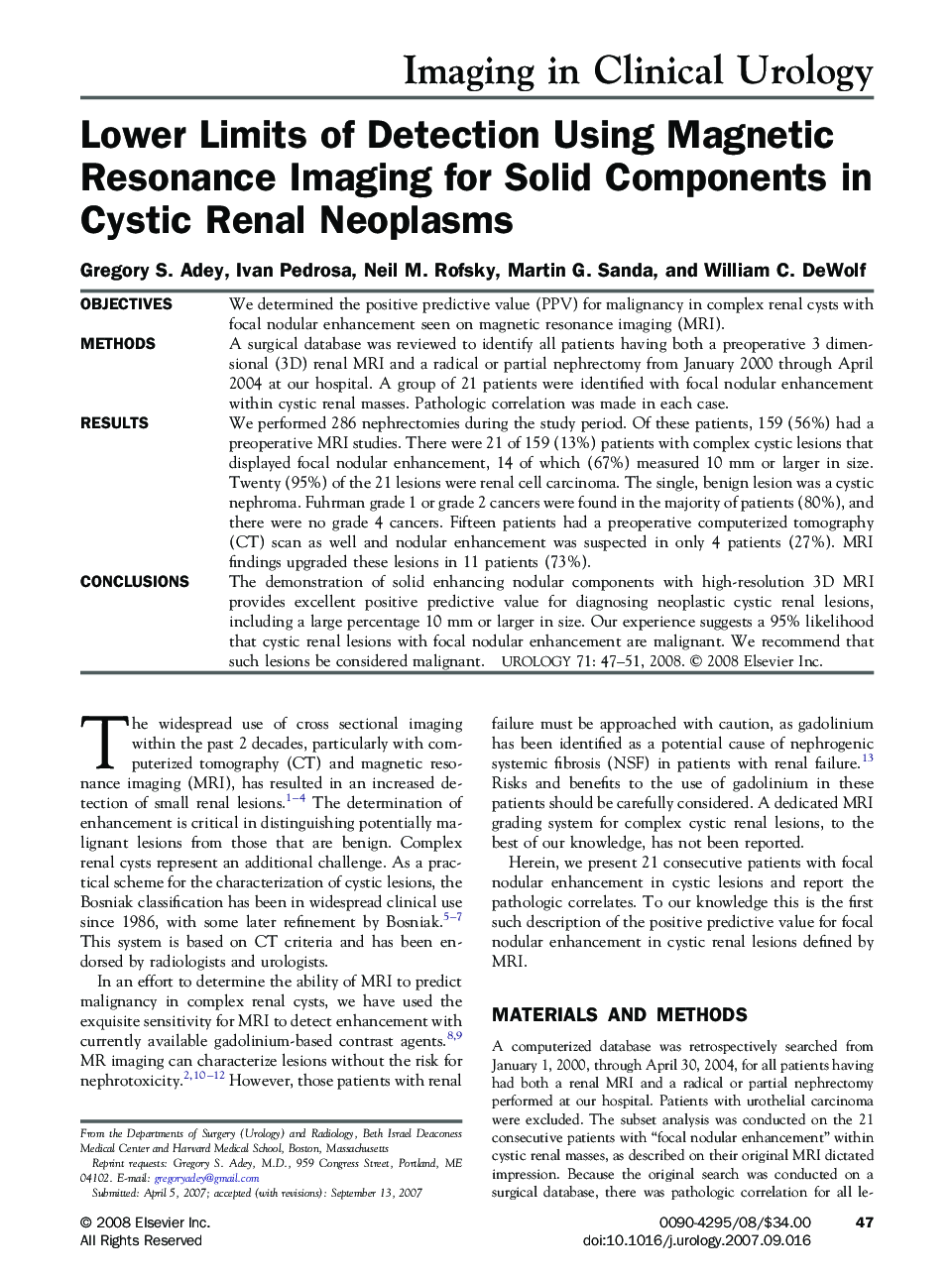 Lower Limits of Detection Using Magnetic Resonance Imaging for Solid Components in Cystic Renal Neoplasms