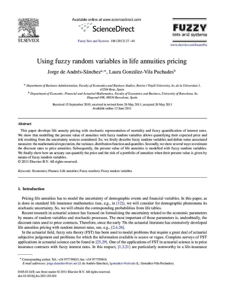 Using fuzzy random variables in life annuities pricing