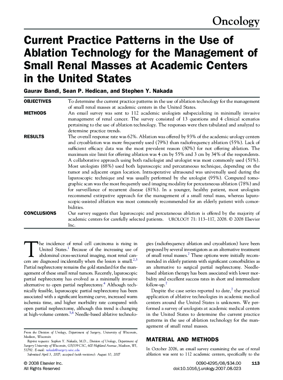 Current Practice Patterns in the Use of Ablation Technology for the Management of Small Renal Masses at Academic Centers in the United States