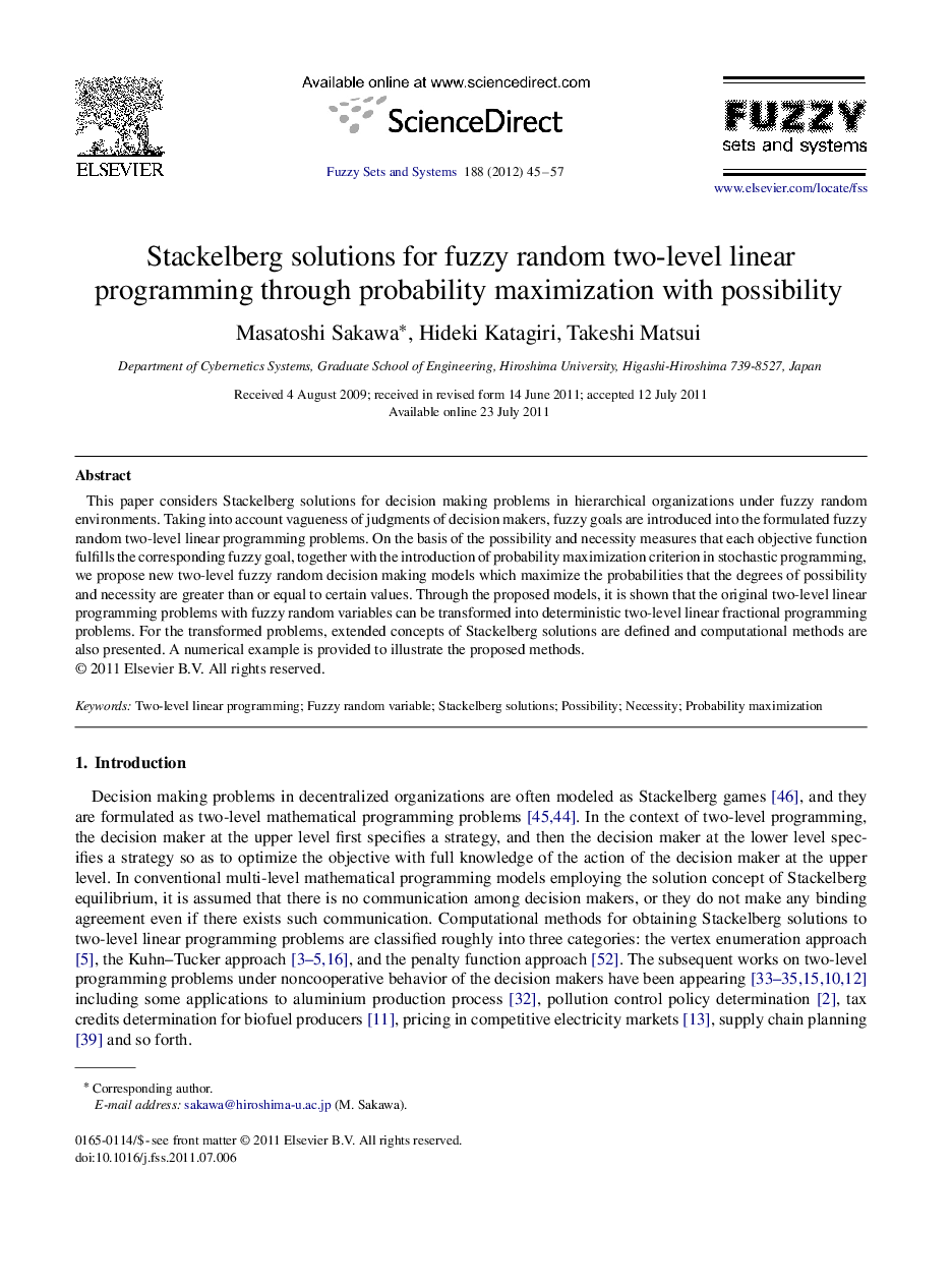 Stackelberg solutions for fuzzy random two-level linear programming through probability maximization with possibility