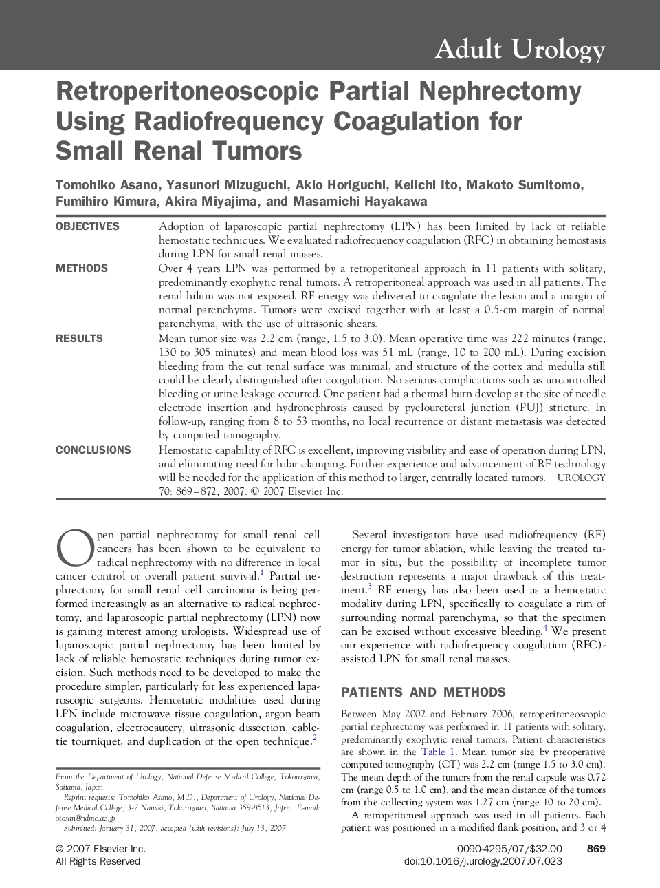 Retroperitoneoscopic Partial Nephrectomy Using Radiofrequency Coagulation for Small Renal Tumors
