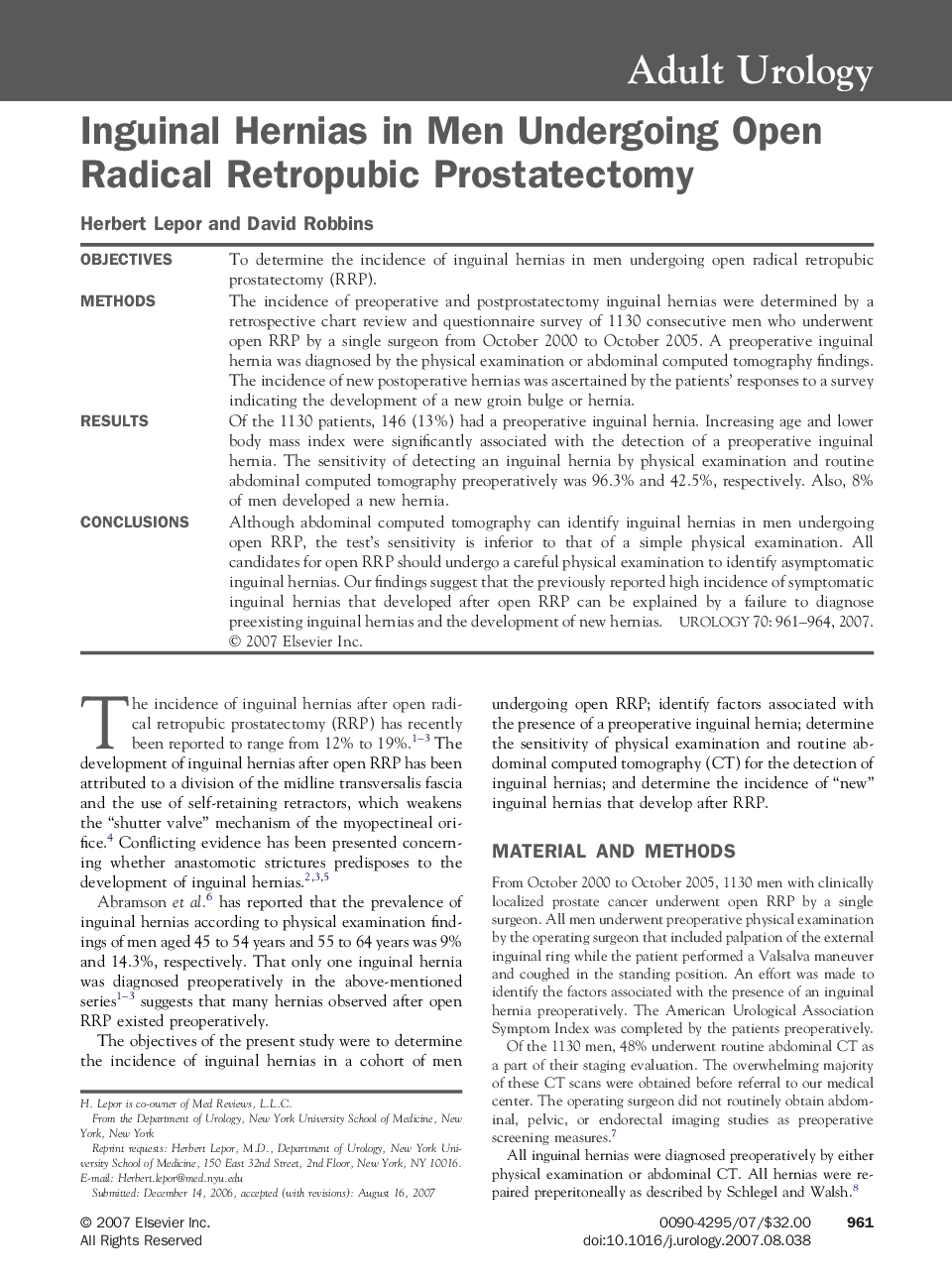 Inguinal Hernias in Men Undergoing Open Radical Retropubic Prostatectomy