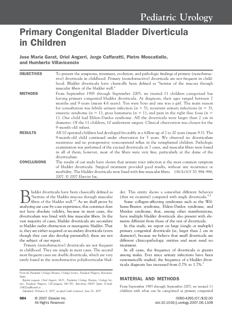 Primary Congenital Bladder Diverticula in Children