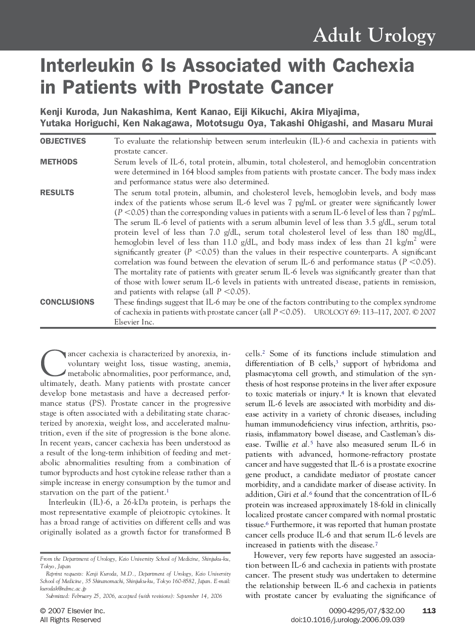 Interleukin 6 Is Associated with Cachexia in Patients with Prostate Cancer