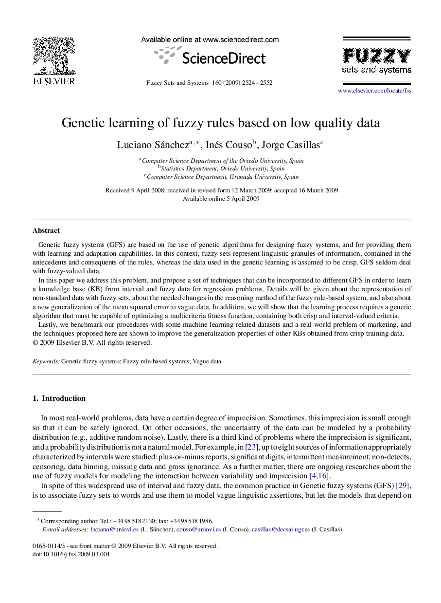 Genetic learning of fuzzy rules based on low quality data