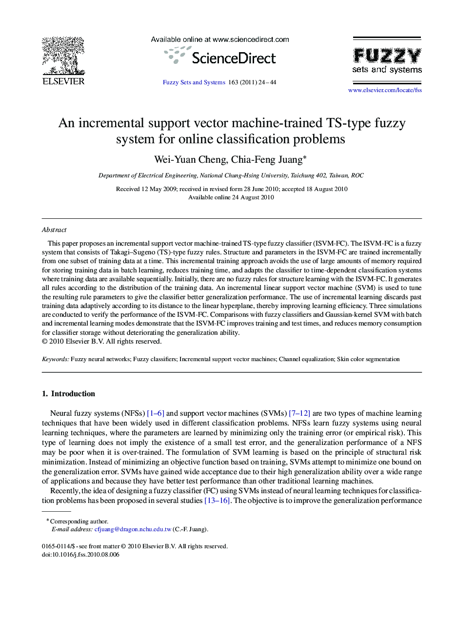 An incremental support vector machine-trained TS-type fuzzy system for online classification problems