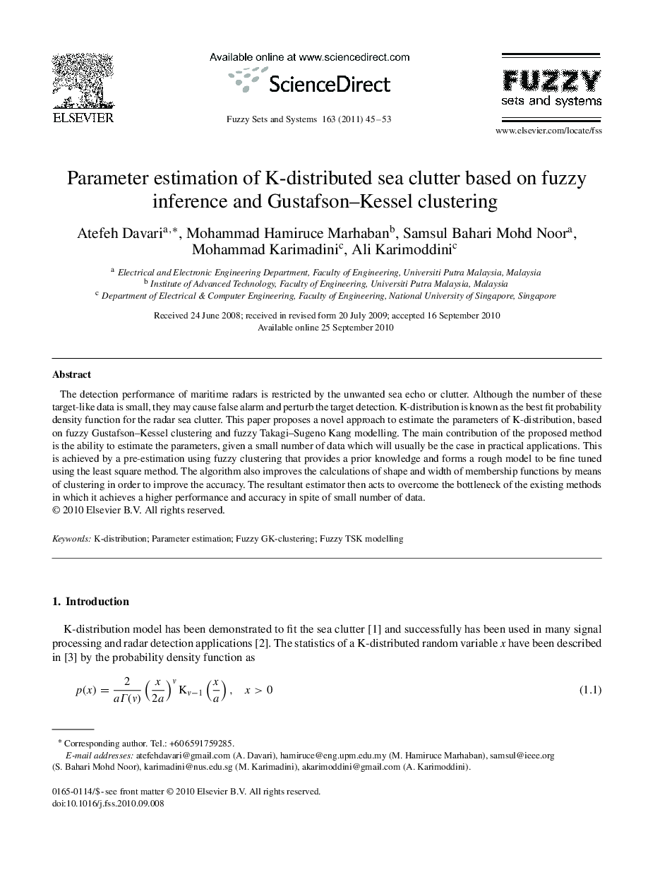 Parameter estimation of K-distributed sea clutter based on fuzzy inference and Gustafson–Kessel clustering