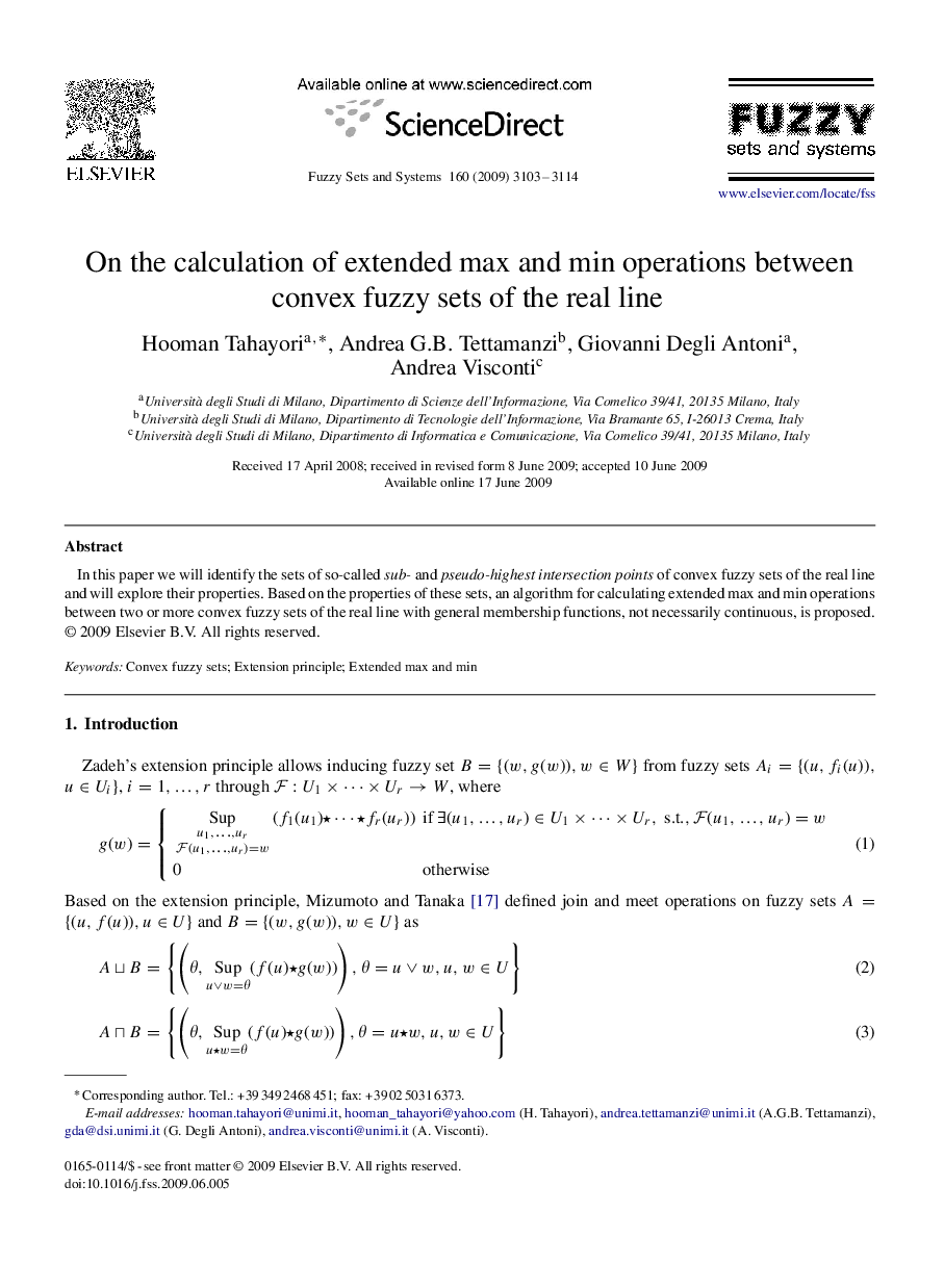 On the calculation of extended max and min operations between convex fuzzy sets of the real line