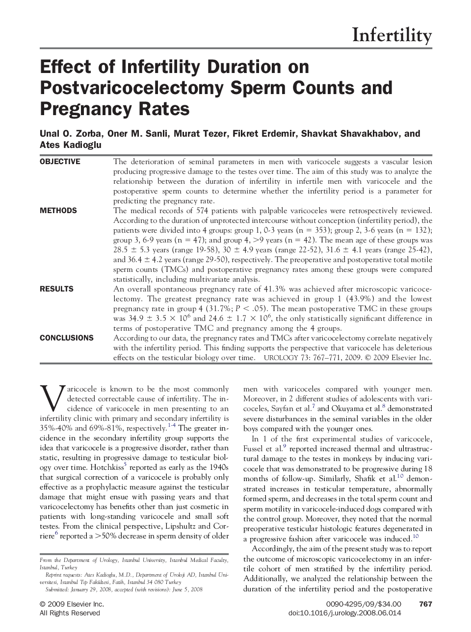 Effect of Infertility Duration on Postvaricocelectomy Sperm Counts and Pregnancy Rates