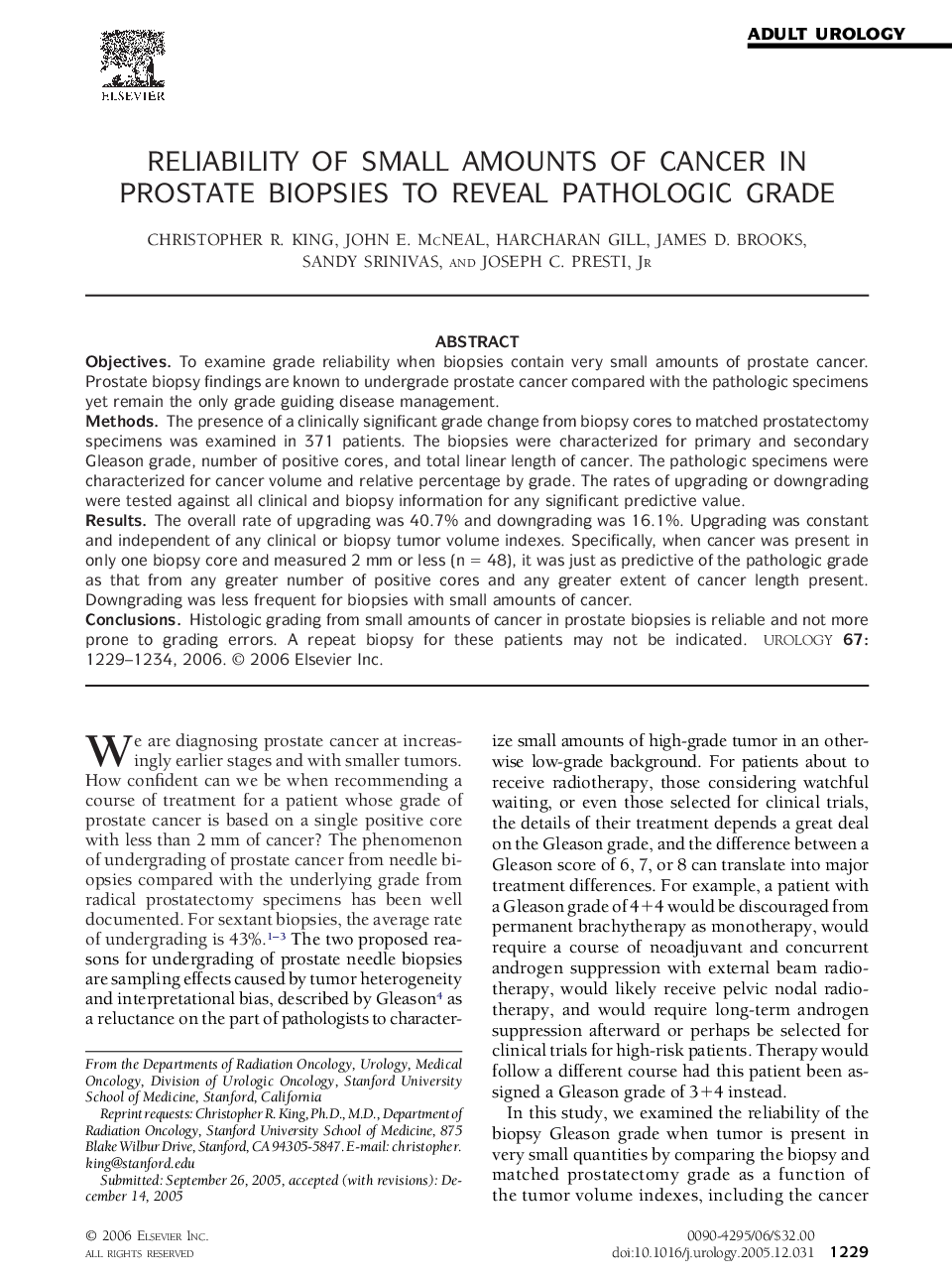 Reliability of small amounts of cancer in prostate biopsies to reveal pathologic grade