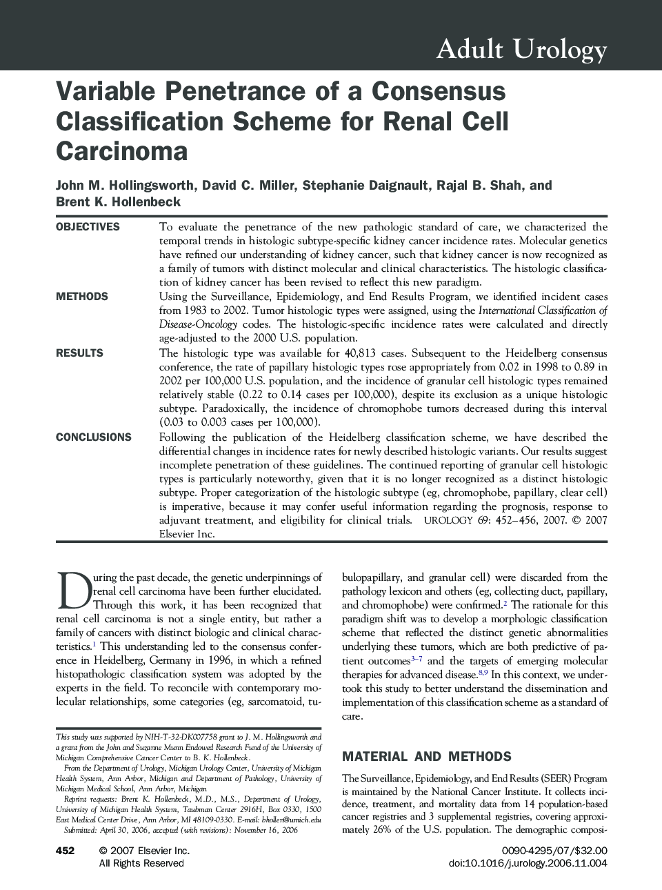 Variable Penetrance of a Consensus Classification Scheme for Renal Cell Carcinoma