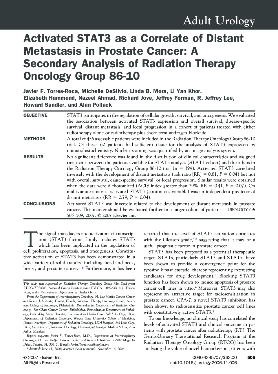 Activated STAT3 as a Correlate of Distant Metastasis in Prostate Cancer: A Secondary Analysis of Radiation Therapy Oncology Group 86-10 