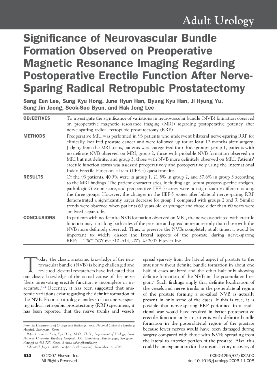 Significance of Neurovascular Bundle Formation Observed on Preoperative Magnetic Resonance Imaging Regarding Postoperative Erectile Function After Nerve-Sparing Radical Retropubic Prostatectomy