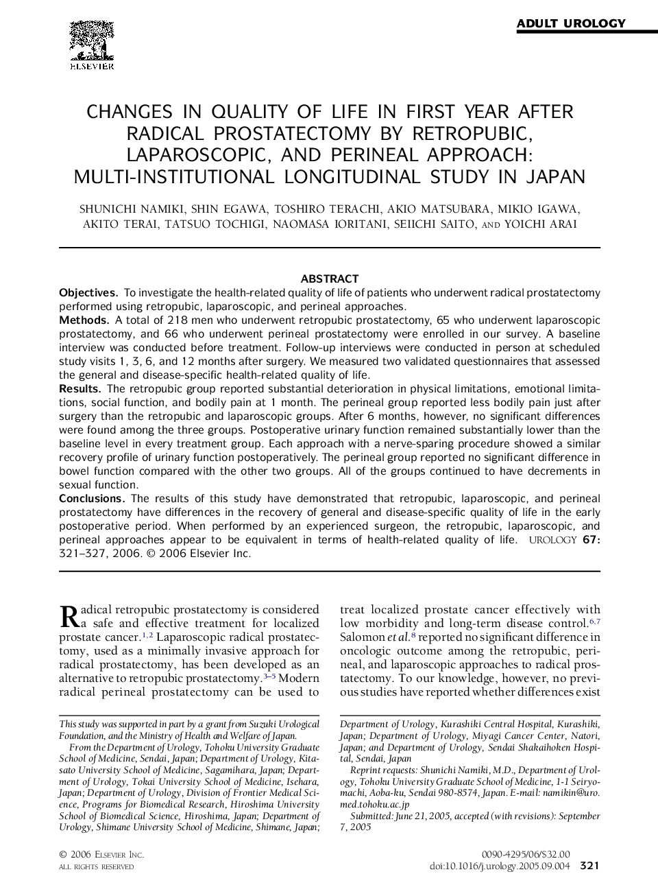 Changes in quality of life in first year after radical prostatectomy by retropubic, laparoscopic, and perineal approach: Multi-institutional longitudinal study in Japan 