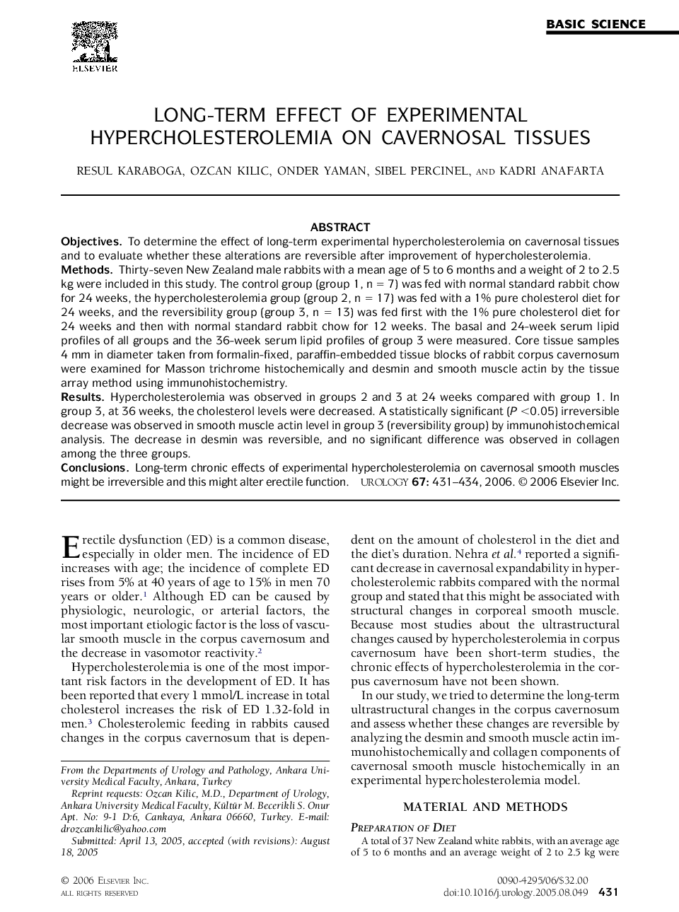 Long-term effect of experimental hypercholesterolemia on cavernosal tissues