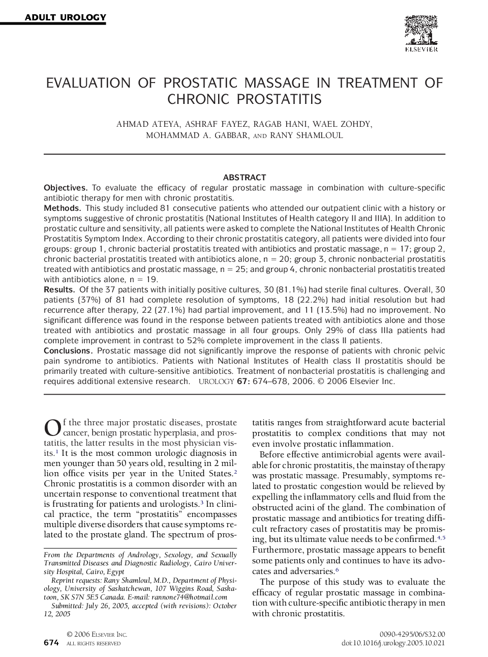 Evaluation of prostatic massage in treatment of chronic prostatitis