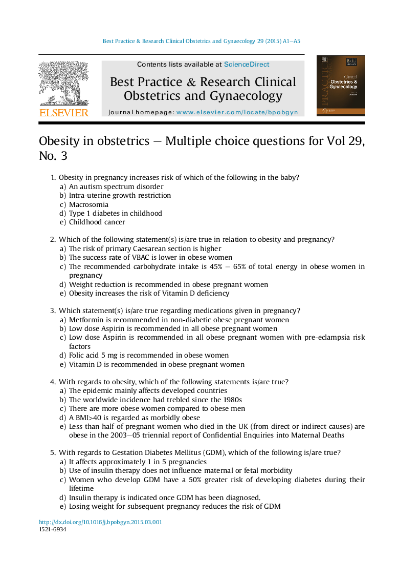 Obesity in obstetrics - Multiple choice questions for Vol 29, No. 3