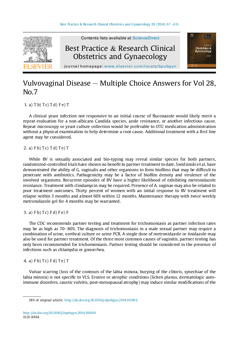 Vulvovaginal Disease - Multiple Choice Answers for Vol 28, No.7