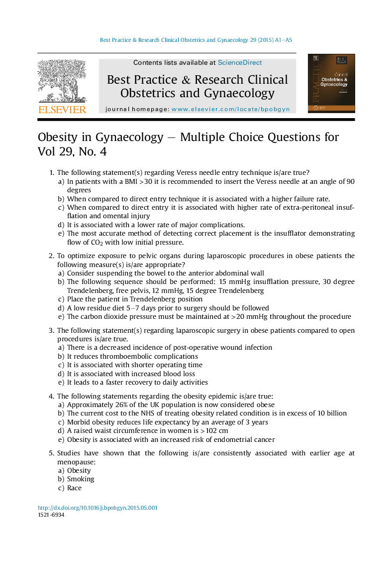 Obesity in Gynaecology - Multiple Choice Questions for Vol 29, No. 4