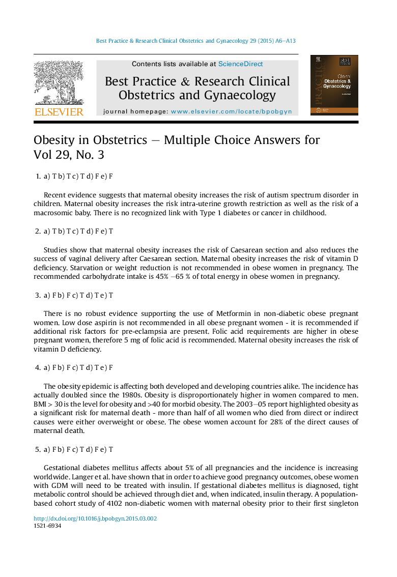 Obesity in Obstetrics - Multiple Choice Answers for Vol 29, No. 3