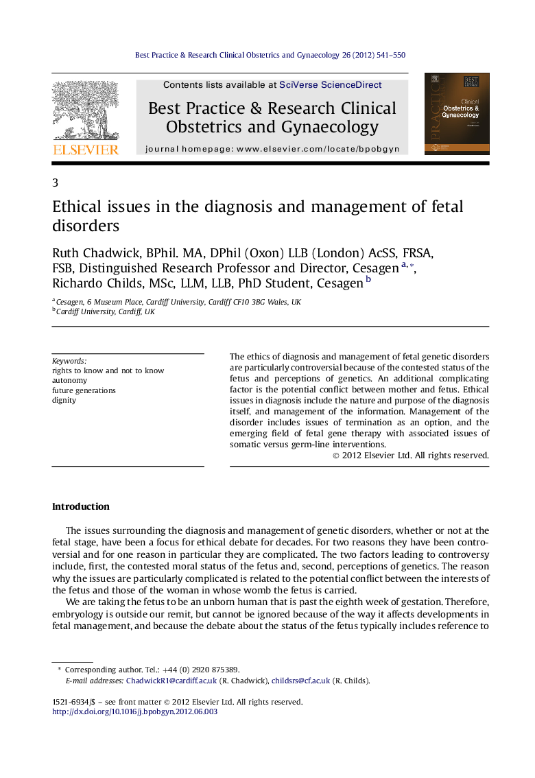 Ethical issues in the diagnosis and management of fetal disorders