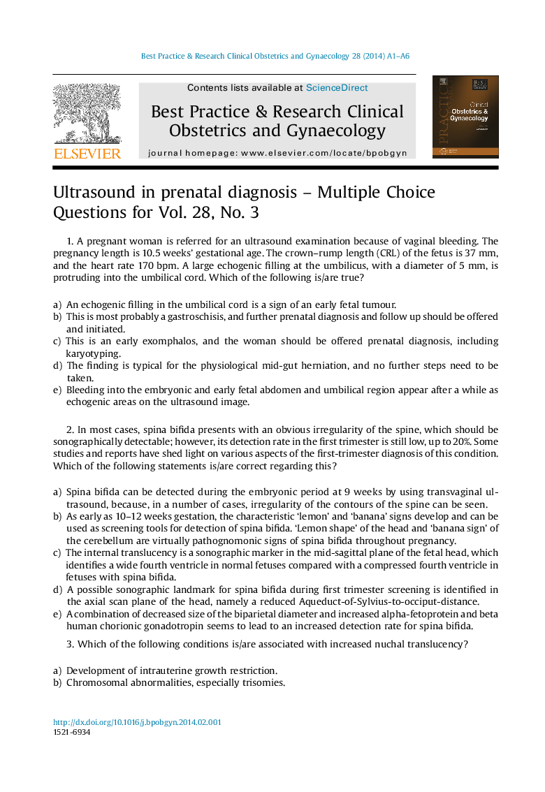 Ultrasound in prenatal diagnosis - Multiple Choice Questions for Vol. 28, No. 3