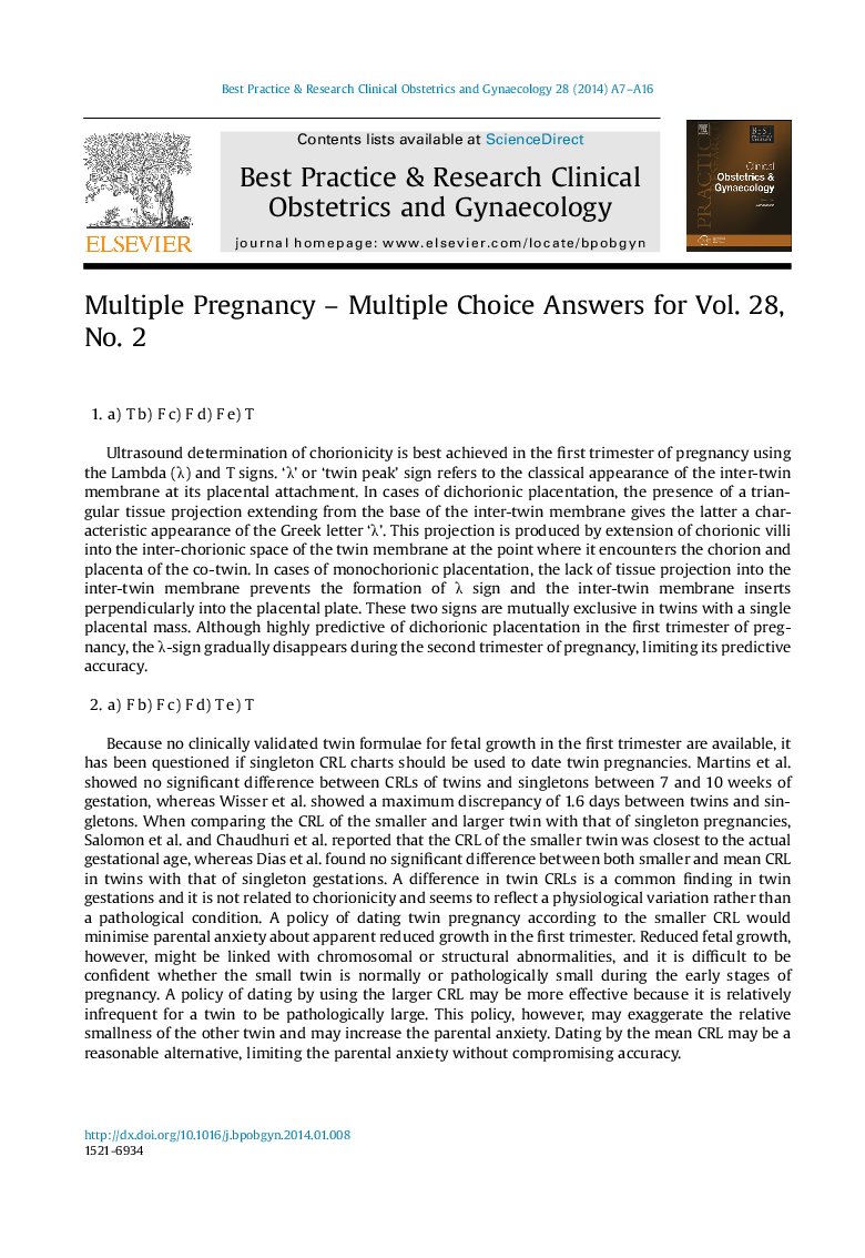 Multiple Pregnancy - Multiple Choice Answers for Vol. 28, No. 2