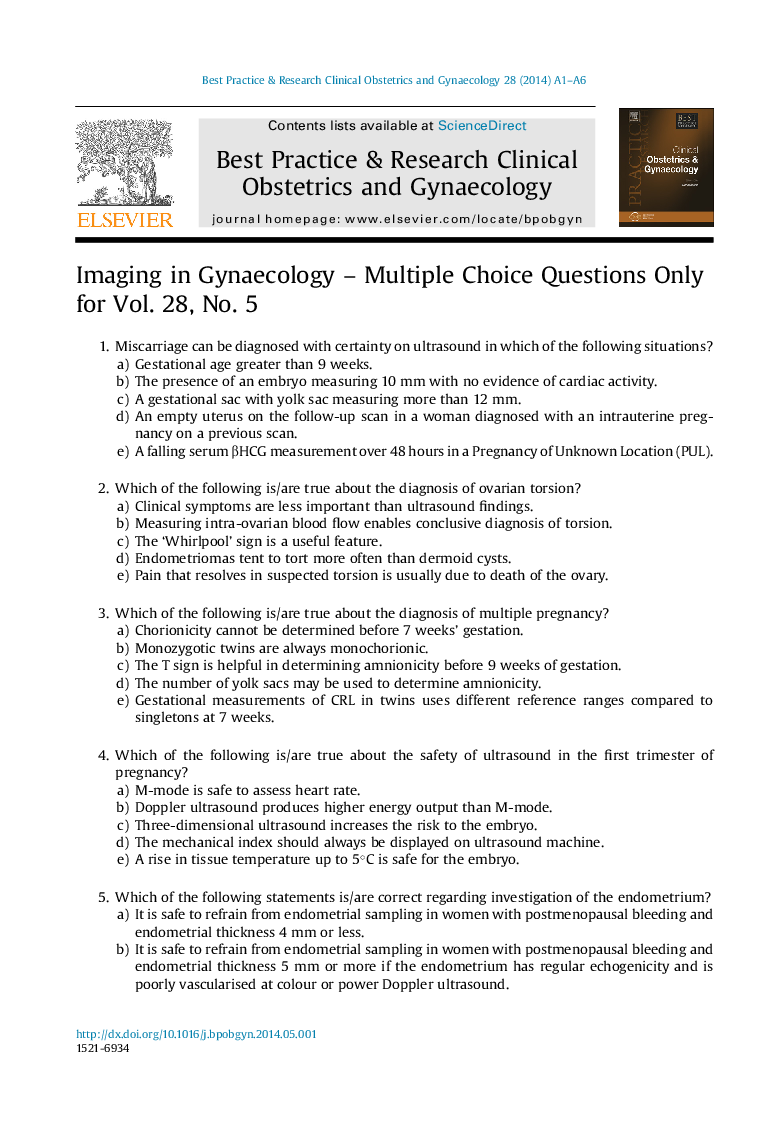 Imaging in Gynaecology - Multiple Choice Questions Only for Vol. 28, No. 5