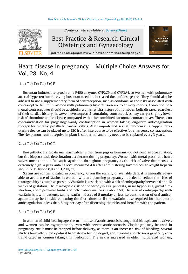 Heart disease in pregnancy - Multiple Choice Answers for Vol. 28, No. 4