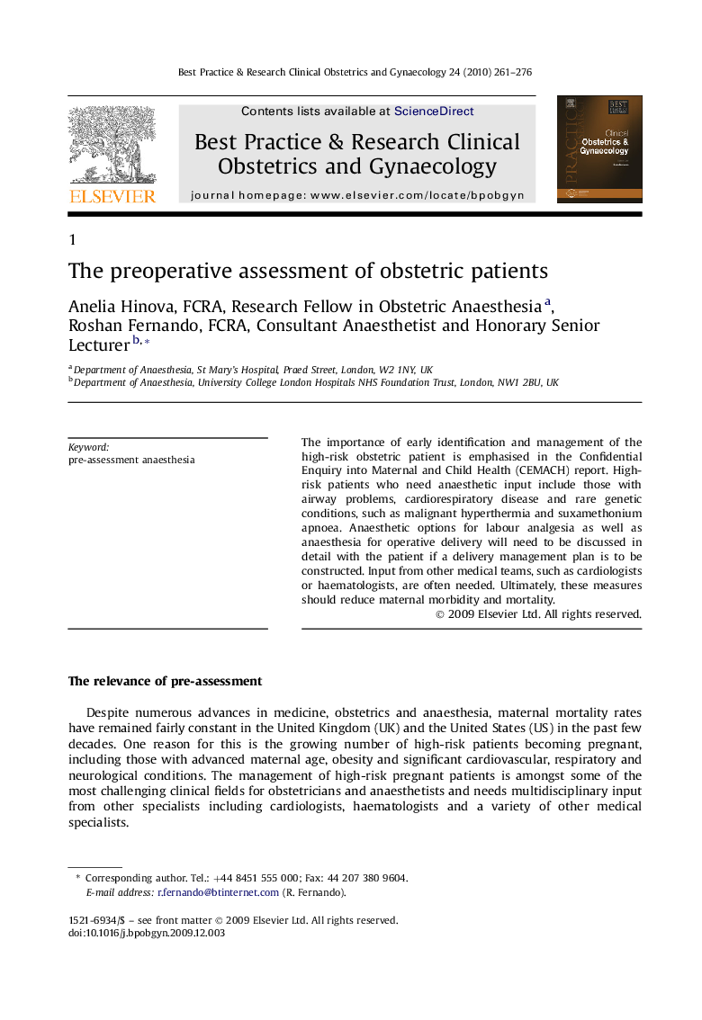 The preoperative assessment of obstetric patients