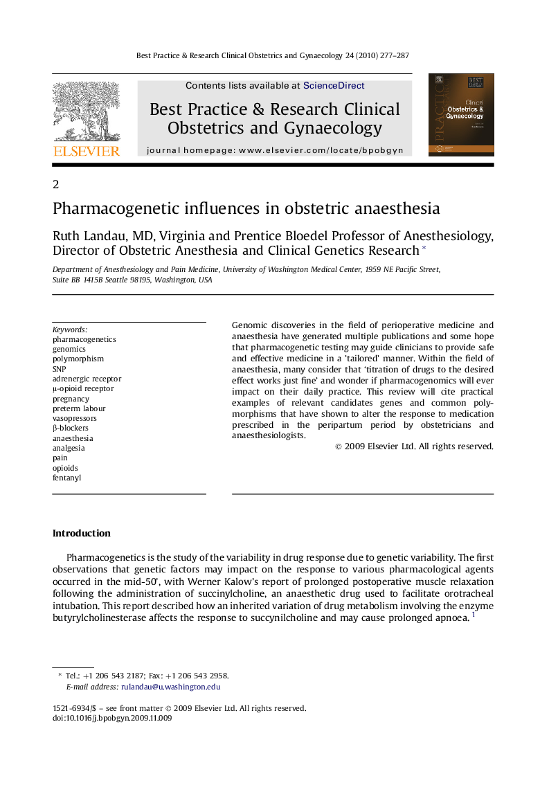 Pharmacogenetic influences in obstetric anaesthesia