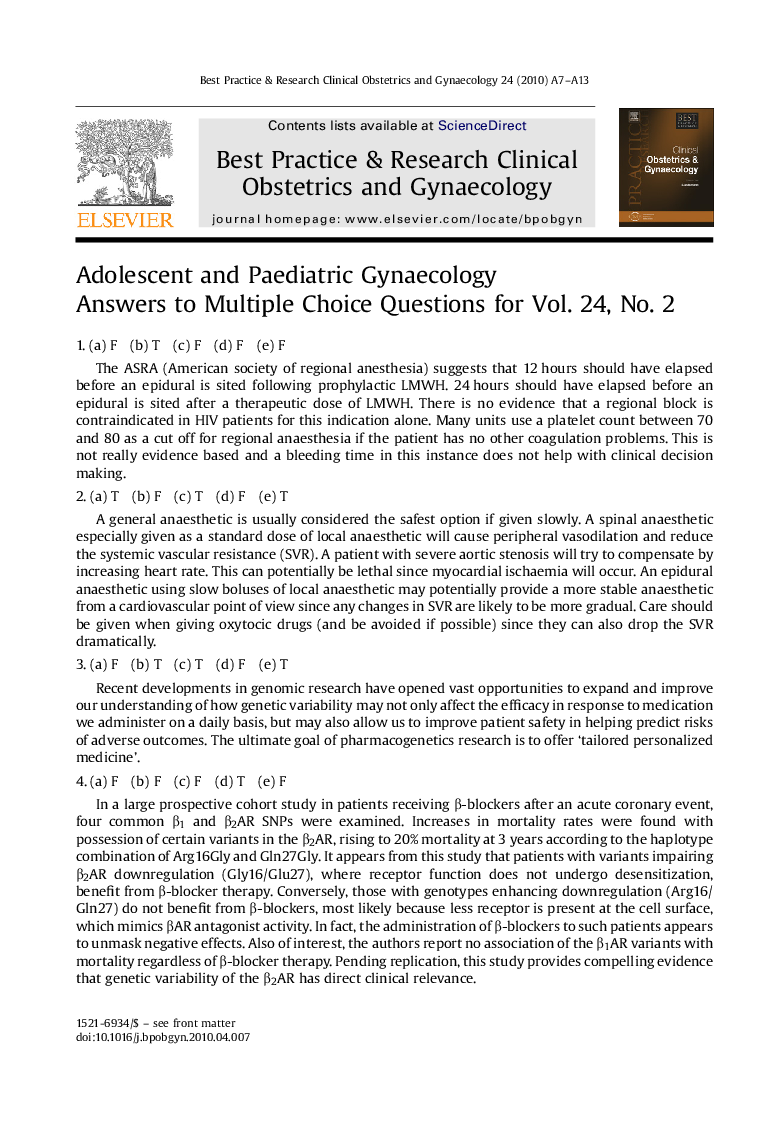 Adolescent and Paediatric Gynaecology Answers to Multiple Choice Questions for Vol. 24, No. 2
