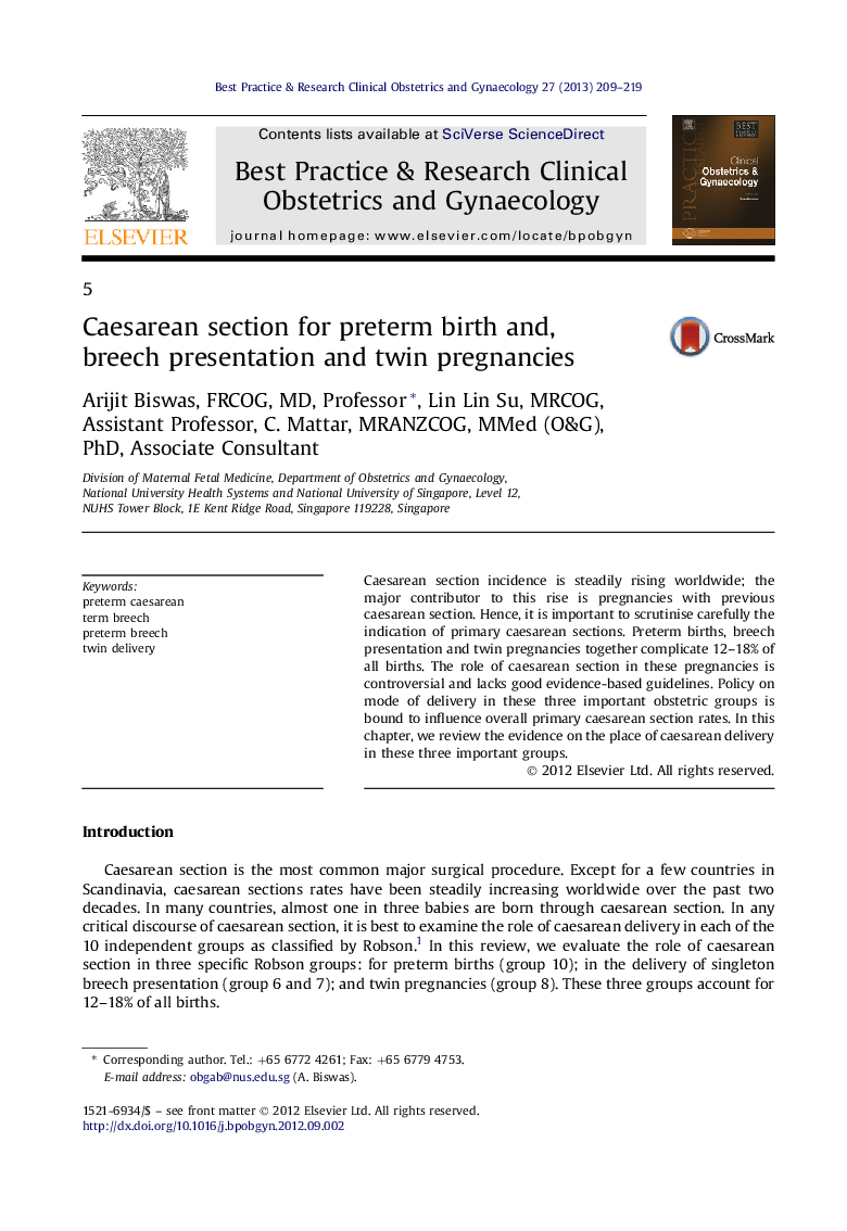 Caesarean section for preterm birth and, breech presentation and twin pregnancies