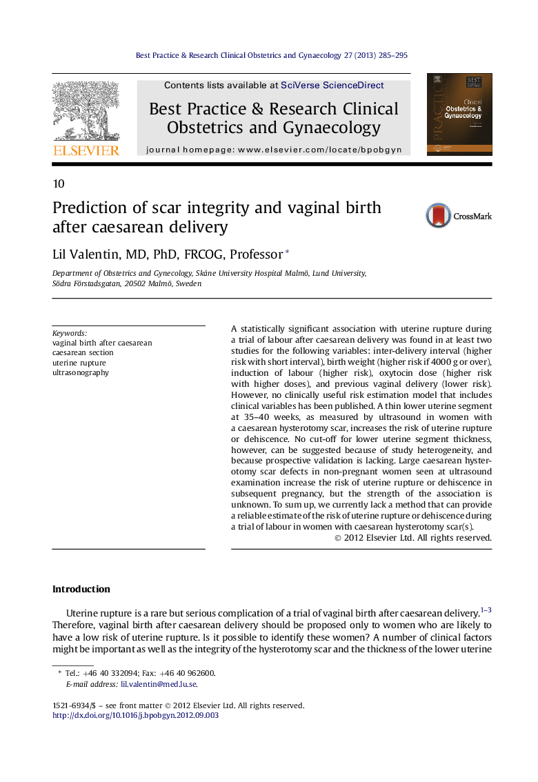 عکس صفحه اول مقاله: Prediction of scar integrity and vaginal birth after caesarean delivery Prediction of scar integrity and vaginal birth after caesarean delivery