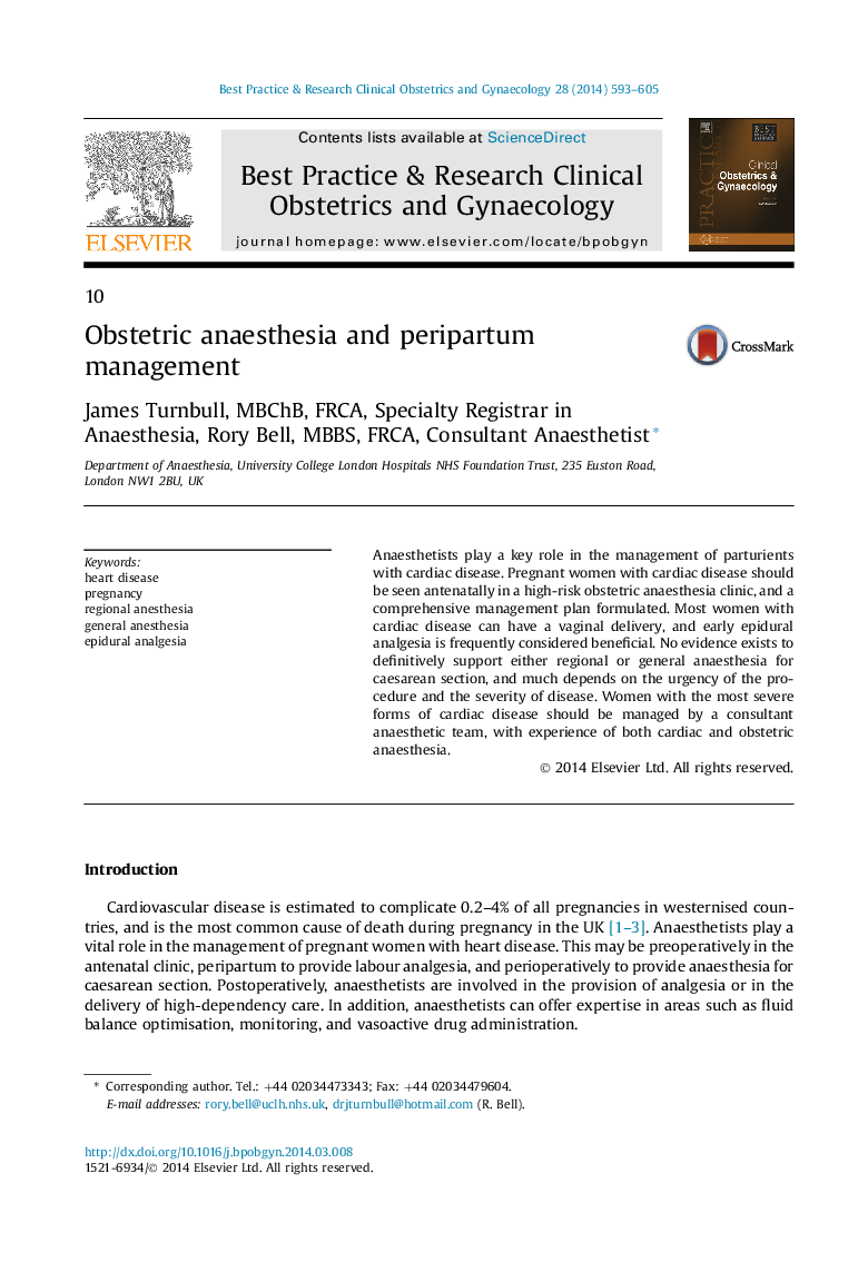 Obstetric anaesthesia and peripartum management