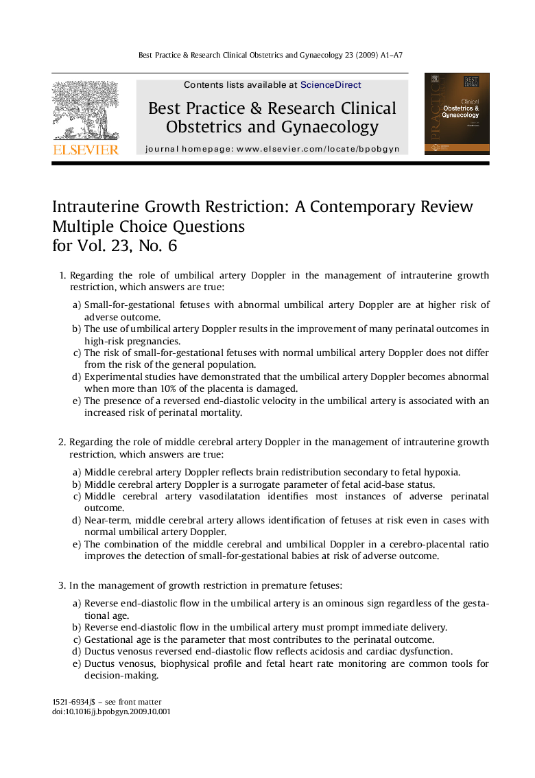 Intrauterine Growth Restriction: A Contemporary Review Multiple Choice Questions for Vol. 23, No. 6