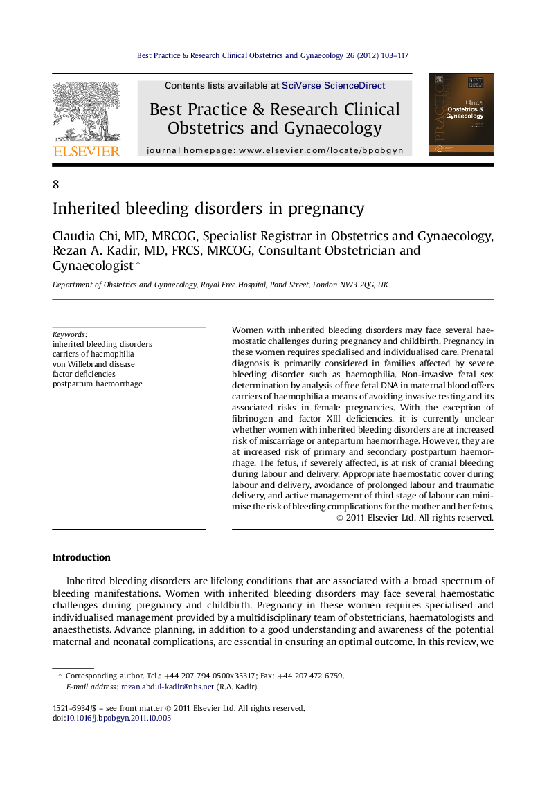 Inherited bleeding disorders in pregnancy