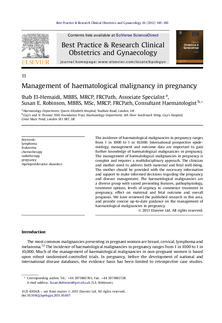 Management of haematological malignancy in pregnancy