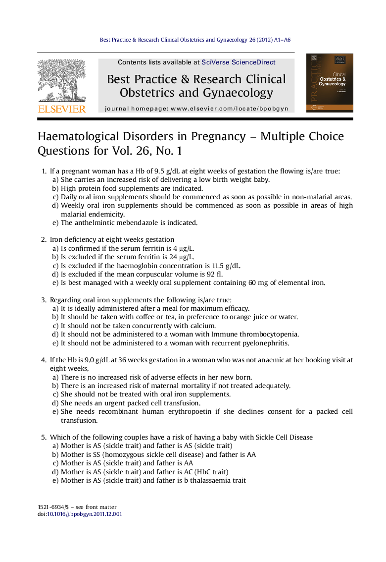 Haematological Disorders in Pregnancy - Multiple Choice Questions for Vol. 26, No. 1